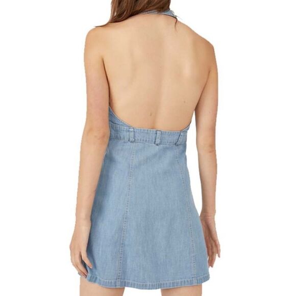 NWT Free People Sami Mini Dress Denim Blue Dress Halter Open Back Button Down L - Picture 4 of 11